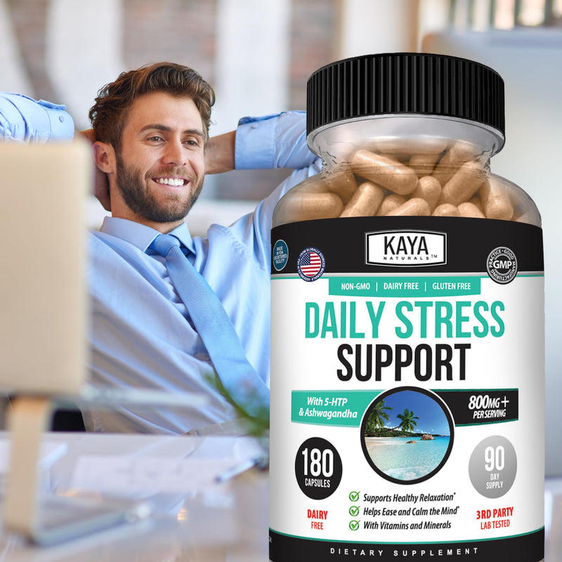 Kaya Naturals Daily Stress Support with Ashwagandha & GABA, 180 Capsules | Ashwagandha, GABA & L-Theanine, Rhodiola, Lemon Balm & Valerian, B Vitamins, Magnesium & Zinc, Daily Calm Support 180 Count (Pack of 1)
