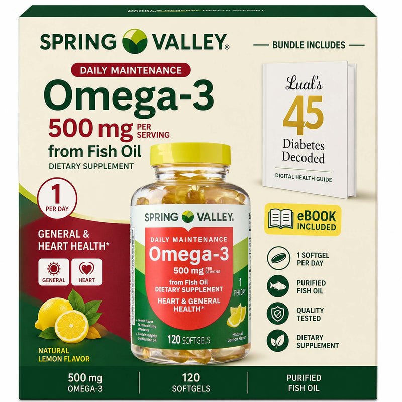 Spring Valley Omega-3 from Fish Oil 500 mg 120 Count, SoftGels, General & Heart Health Dietary Supplement Bundle with Luall's 45 Diabetes Decoded