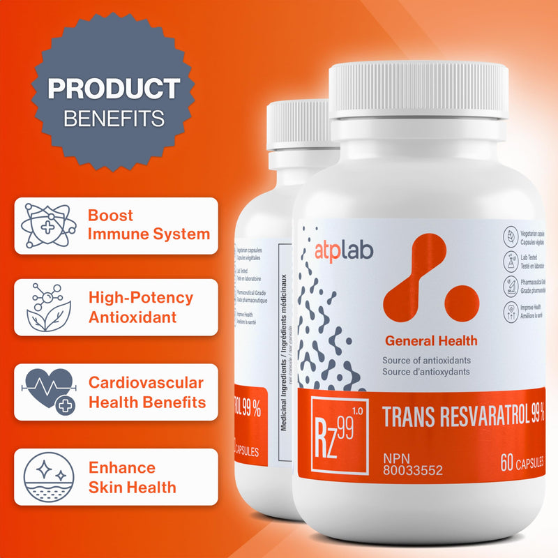 ATP LAB Trans Resveratrol 60 Capsules 60-Day Supply - Source of Antioxidants - Improve Immune System, Cardiovascular Health and Enhance Skin Health - Non-GMO and Gluten-Free