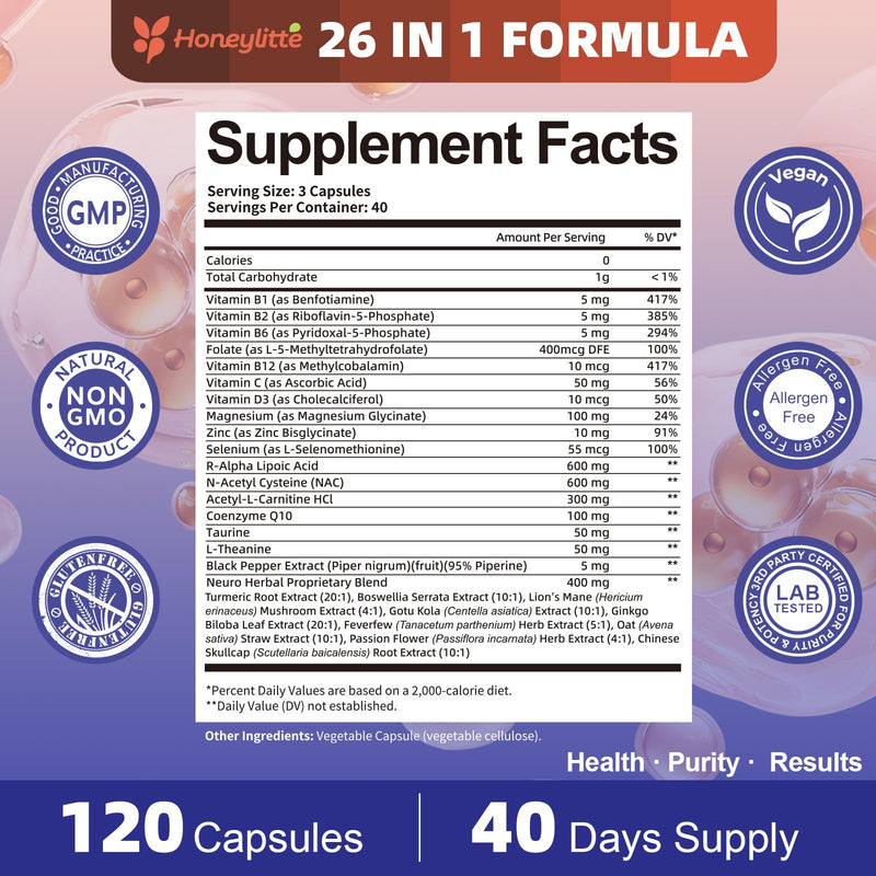 Alpha Lipoic Acid Neuropathy Supplements - with 600mg R-Alpha Lipoic Acid, NAC, ALC, Active Vitamin B12 B1 B2 B6, Magnesium - for Nerve Heath, Liver Detox, Antioxidant & Mental Support 120 Count (Pack of 1)