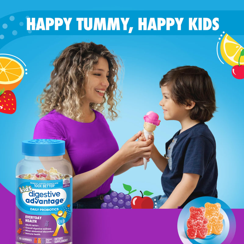 Digestive Advantage Daily Kids Probiotics - 2X 80ct Fruit Flavor Gummies natural fruit flavours 80 Count (Pack of 2)