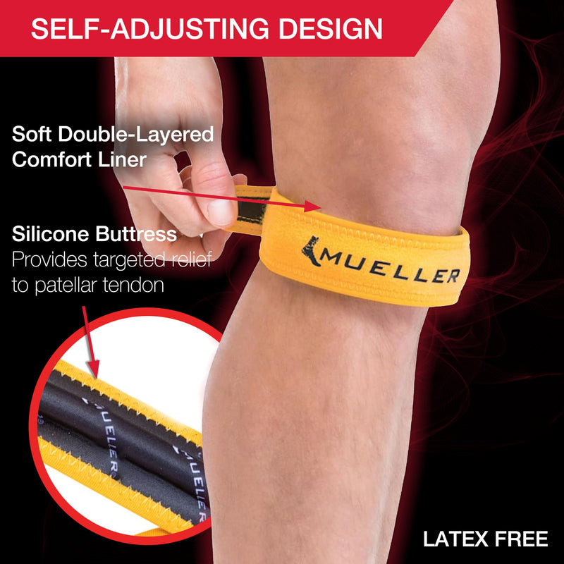 MUELLER Sports Medicine Jumper's Knee Single Strap for Men and Women, Knee Compression and Pain Relief Support, Ideal for Osgood-Schlatter's, Patellar Tendinitis, One Size Gold One Size (Pack of 1) - BeesActive Australia