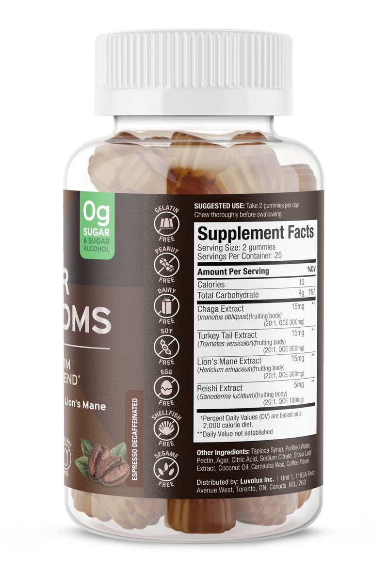 SUKU Vitamins - Super Mushroom -Reishi Chaga, Turkey Tail & Lions Mane Blend Gummies for Immunity - Easy to Chew - Non GMO, Gluten Sugar Free - Espresso Decaffeinated Flavored Gummy Vitamins, 50 Count