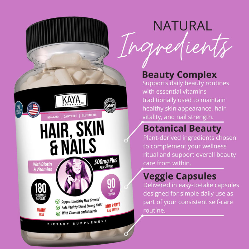 Kaya Naturals Hair Skin Nail Capsules, 180 Count 180 Count (Pack of 1)