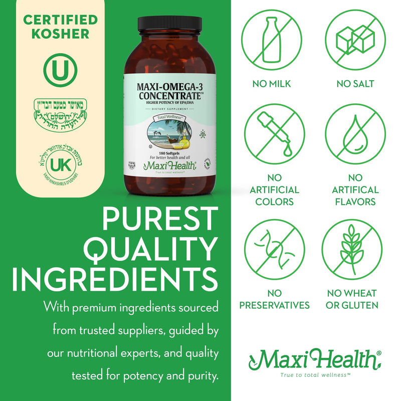 Maxi Health® Fish Oil Omega 3 Supplements, 2000mg (180 Softgels) | Kosher | 680mg EPA + 460mg DHA per Serving | Wild Tuna Fish · Third-Party Tested · Gluten-Free | Heart, Brain & Joint Support 180 Count (Pack of 1)