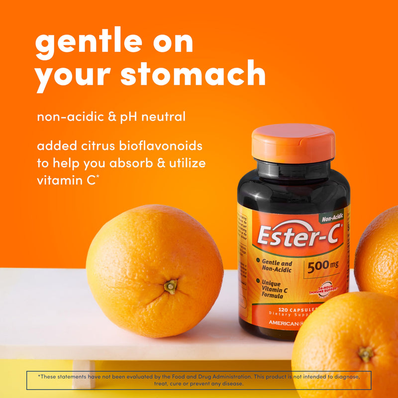 American Health Ester-C with Citrus Bioflavonoids Capsules - 24-Hour Immune Support, Gentle On Stomach, Non-Acidic Vitamin C - Non-GMO, Gluten-Free - 500 mg, 60 Count, 30 Servings 60 Count (Pack of 1)