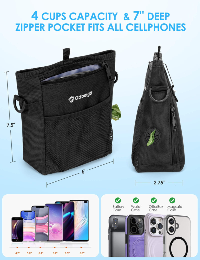 Gobeigo Dog Treat Pouch with Silicone Snack Bag, Front Pocket fits All Phones, 4 Cup Treat Bag with Training Clicker, Upgrade Stronger Magnetic Closure, 3 Ways to Wear Walking Fanny Pack (Black) Black - BeesActive Australia