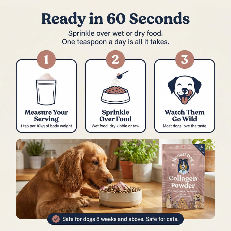Honest Dog Co. Collagen for Dogs - Joint, Skin & Coat Support - 100% Human-Grade Collagen Powder – Made in UK - Natural Hip & Mobility Supplement - 200g (40+ Servings)