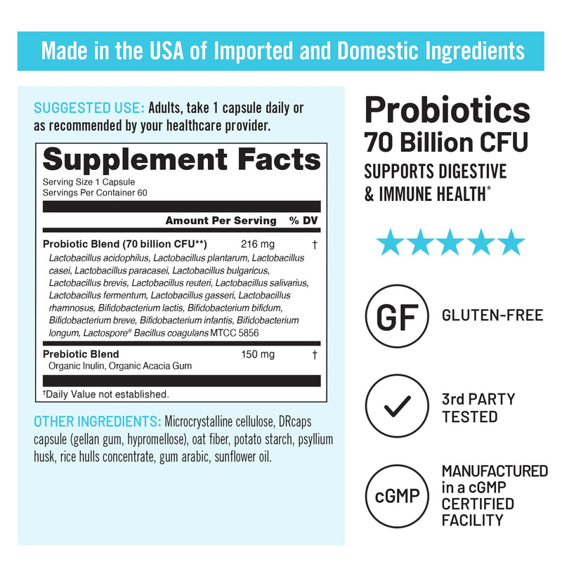 NatureWise Probiotics 70 Billion CFU - 17 Strains + Organic Prebiotics - Immune, Digestive & Gut Health Support for Women & Men - Vegetarian, Gluten-Free, Non-GMO - 60 Capsules[2-Month Supply] 60 Count (Pack of 1)
