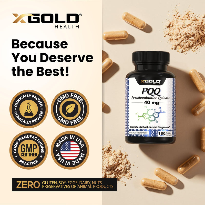 X Gold Health PQQ 40mg Supplement – Mitochondrial Energy Booster & Cellular Energy Support – Pyrroloquinoline Quinone – Brain & Focus Support – Non-GMO, Gluten-Free – 180 Veg Capsules 180 Count (Pack of 1)