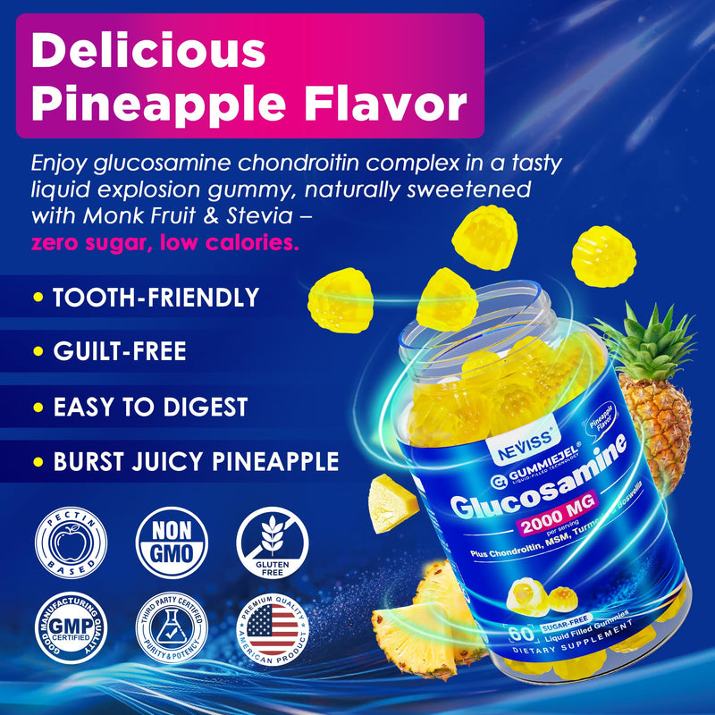 NEVISS Glucosamine Chondroitin Gummies with MSM & Turmeric, Sugar Free | Extra Strength - Flexibility Support with Boswellia, Hyaluronic Acid, Vitamin D3 & Zinc, Pineapple Flavor, 60Cts 60 Count (Pack of 1)