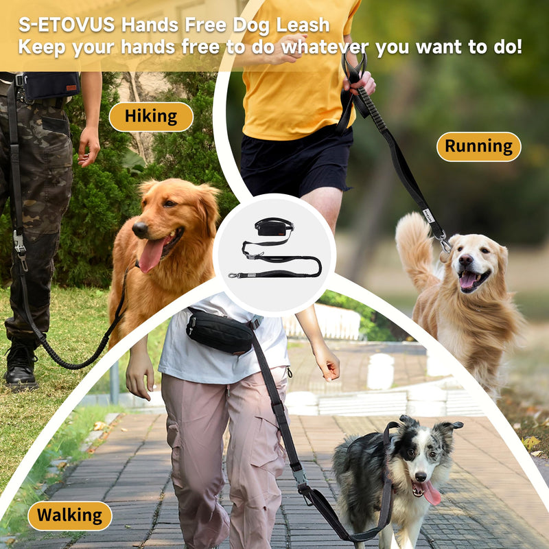 Hands Free Dog Leash with Zipper Pouch, Double Handle Running Reflective Bungee Waist Leash for Dog Walking, Training and Hiking for Small Medium Large Dogs (Black) Black