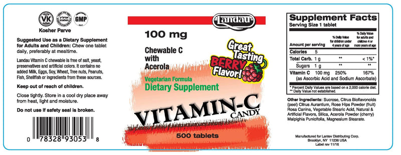LANDAU Vitamin C Chewable 100 Mg, Great Tasting, 500 Chewable Tablets | With Acerola, Kosher, Made in the USA, Berry Flavor, Easy-to-Take Supplement 1 Count (Pack of 1)