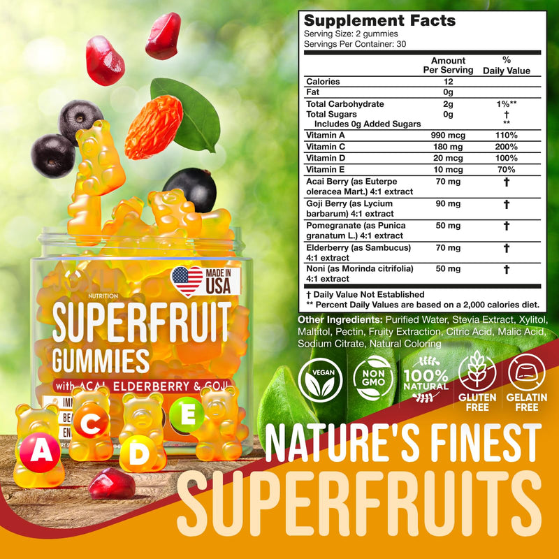 Joyli Superfruit Gummies - Sugar-Free Fruit Multivitamin Gummies for Adults - Natural Gummy Vitamins for Women & Men with Goji, Elderberry, Vitamins A, C, D & E - Supports Immunity, Digestion & Energy 60 Count (Pack of 1)