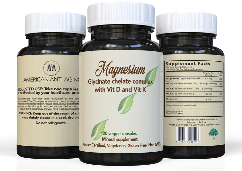 Magnesium Glycinate 500mg with Vitamin D3 + K2 – Small Easy-to-Swallow Capsules for Sleep, Muscle, Bone & Heart Support – Doctor Formulated, Non-GMO, Made in USA -120 Capsules