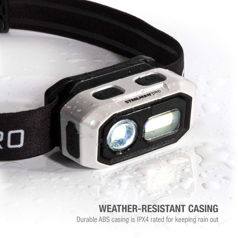Steelman Pro 300 Lumen Hands-Free Motion-Activated LED Rechargeable Headlamp for Workshop or Outdoors, Spotlight and Area Light Modes, Removable Light, Fully Adjustable Headband