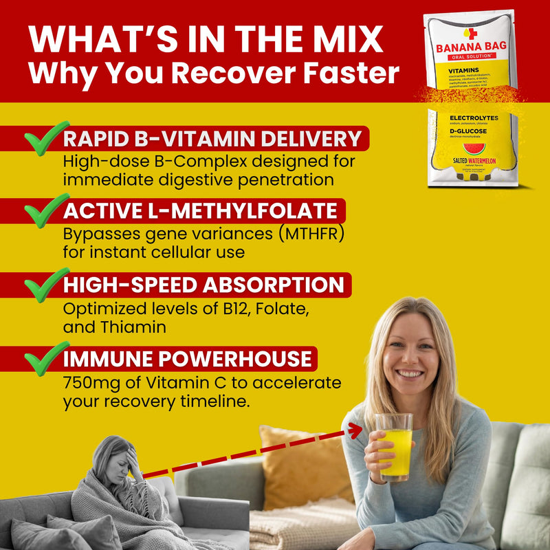 Banana Bag Electrolytes Vitamin Powder Drink Mix, Salted Watermelon 30 Pk | IV-level hydration powder packets w/ Electrolytes + Vitamin C & B-complex. Fast rehydration after exercise & alcohol recovery