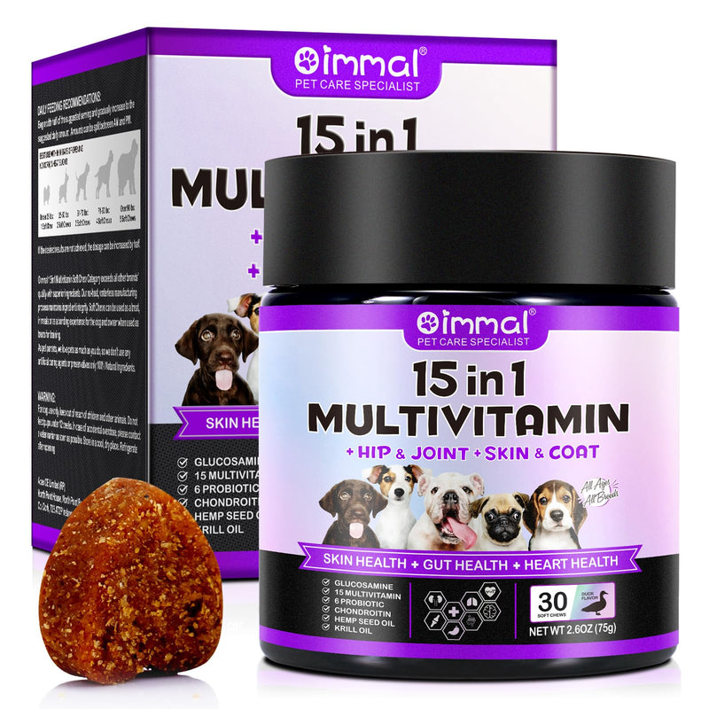 15 in 1 Dog Multivitamin Chewable, Vitamins & Supplements for Dogs, Support Health- Skin, Hip & Joint Supplements, Dog Multivitamin Chewable for All Ages All Breeds(30 Chews Duck Flavor)