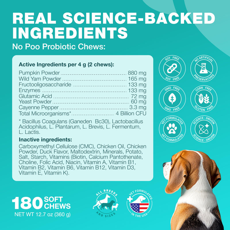 No Poo Chews for Dogs - Coprophagia Deterrent - Dog Probiotics for Digestive Health with Enzymes - Canine Stool Eating Deterrent - Digestive, Dental, Gut & Immune Health Treats - No Poop Eating 180 count No Poo Chews for Dogs