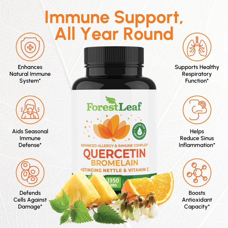 ForestLeaf Quercetin with Bromelain - 1350mg Blend with Vitamin C & Stinging Nettle, Advanced Quercetin 500mg Supplement, Non-GMO Gluten Free, Natural Immune & Respiratory Function 180 Veggie Capsules 90 Count (Pack of 2)