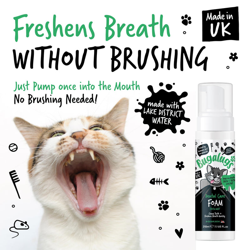 BUGALUGS Cat Dental Care Breath Freshener Foam Cat Mouthwash - Natural Cat Teeth Cleaning Plaque & tartar remover for teeth. No Cat Toothbrush And Paste Brushing Needed For Cats
