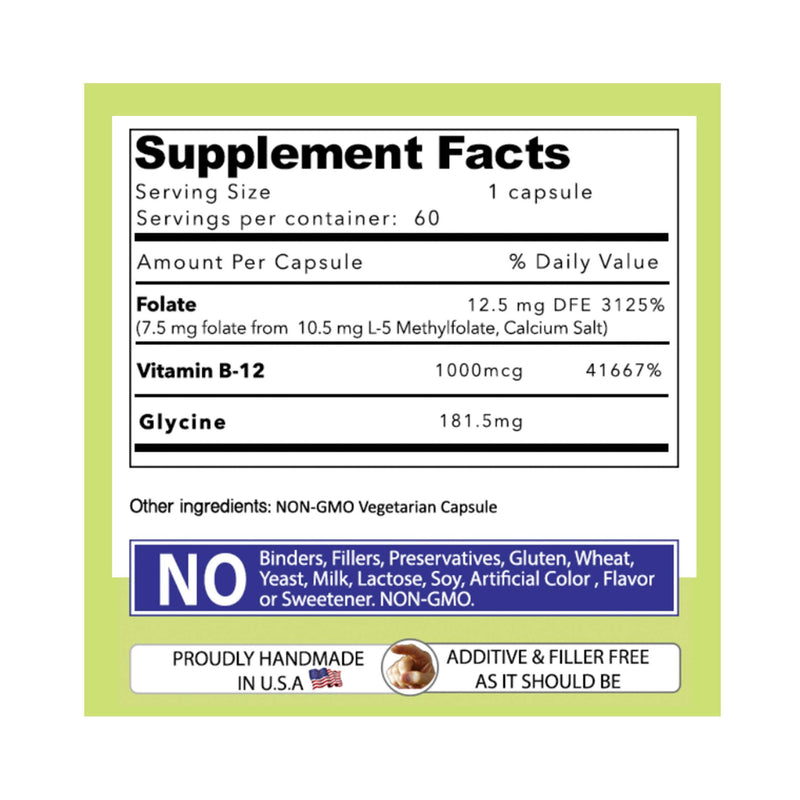 L-Methylfolate 7.5 mg N B 12 1000 mcg 60 Capsules - Methylated Glycine - Boost Mood, Energy & Memory - Immune Support & VItamin Supplement for Men & Women - Non-GMO, Vegetarian Capsules