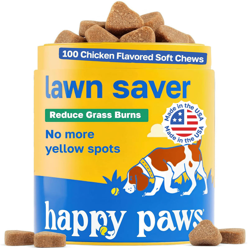 Happy Paws Lawn Saver Supplement, Dog Probiotics to Help Grass Stay Green & Prevent Lawn Burn, Digestive Health Support with Antioxidants & Fiber, Vegan Chicken Flavor, Non GMO, 100 Soft Chews 100 Count