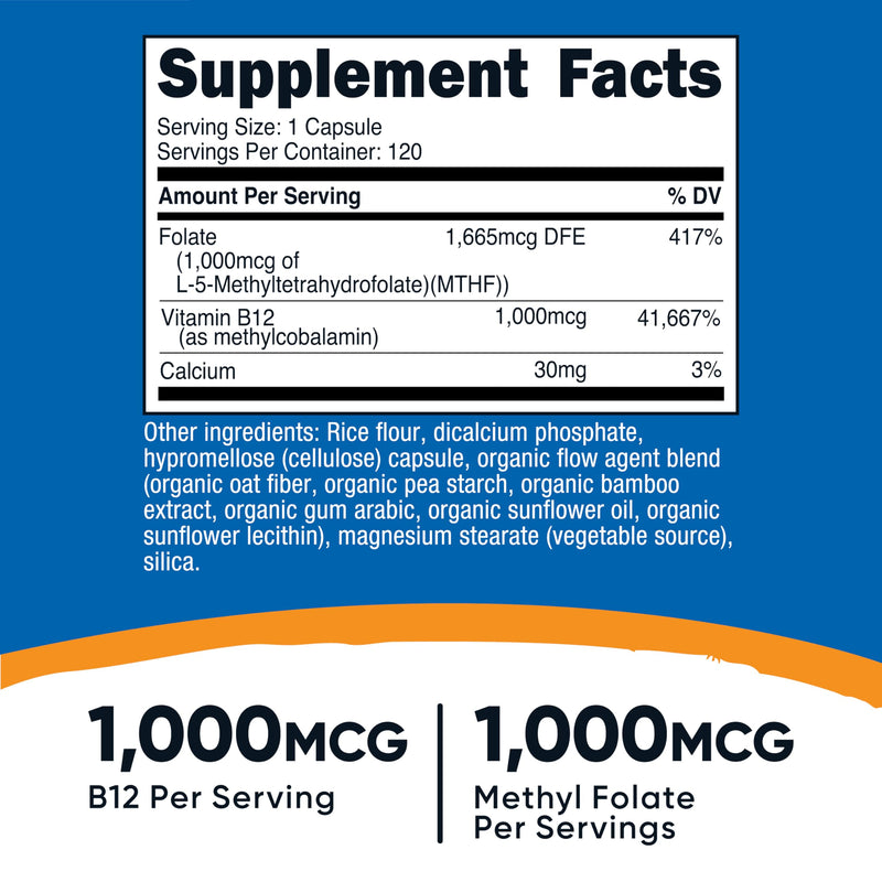 Nutricost Methylated Vitamin B12 + Folate Supplement (2,000 mcg) 120 Caps | 60 Servings, 1,000 mcg of Vitamin B12 + 1,000 mcg of Methyl Folate, Gluten Free 120 Count (Pack of 1)