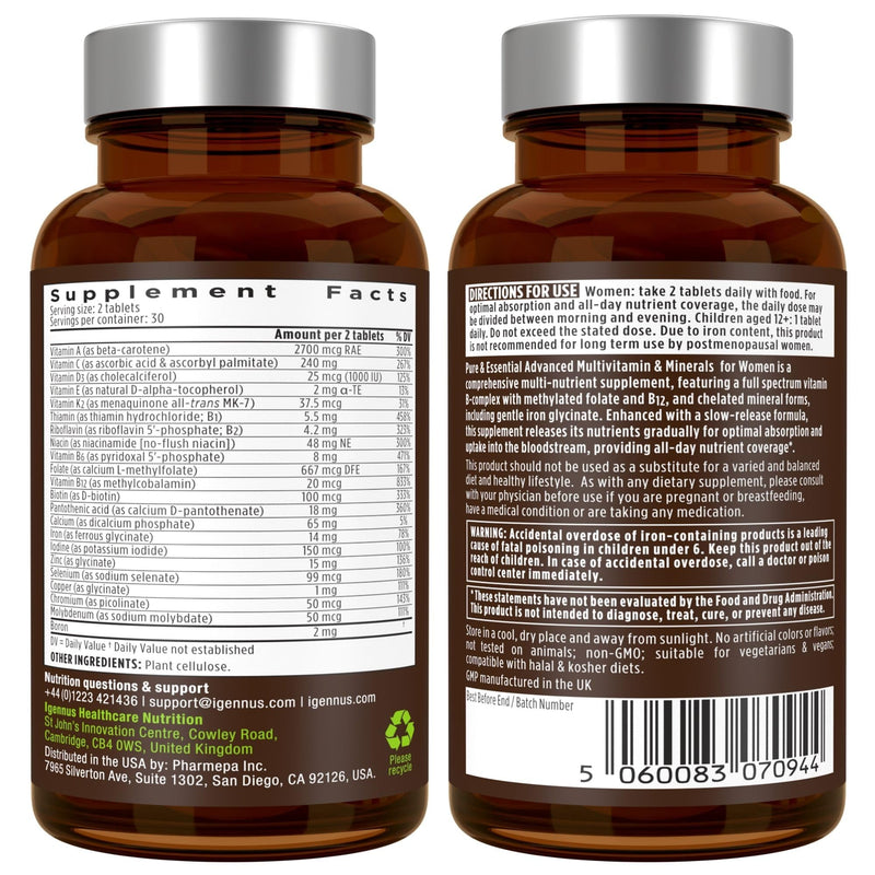 Igennus High Potency Methylated Multivitamin for Women with Gentle Iron | 5-MTHF Folate & Methylcobalamin B12, Pure & Clean, Sustained Release, Active B-Complex & K2 MK-7, Non-GMO, 60 Vegan Tablets 60 Count (Pack of 1)