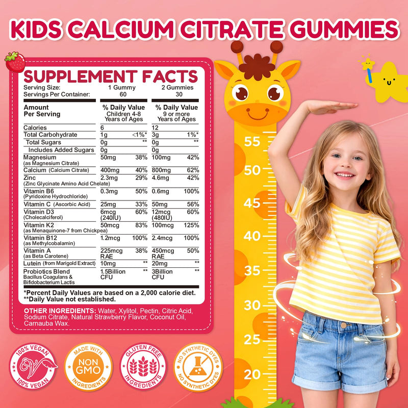 Kids Calcium Citrate Gummies - 1200mg Calcium Gummies Supplements for Women & Men with Vitamin D3, K2, Magnesium, Zinc High Absorption for Bone, Muscle & Immune Support, Strawberry Flavor, 120 Count Strawberry & Kids 60 Count (Pack of 2)
