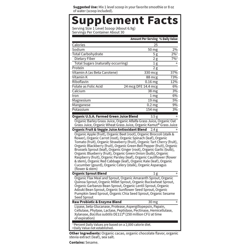 Garden of Life Raw Organic Perfect Food Green Superfood Juiced Greens Powder - Chocolate, 30 Servings - Non-GMO, Gluten Free, Vegan Whole Food Dietary Supplement, Plus Probiotics & Enzymes | Juiced Cereal Grasses, Plant Based Green Supplements for Immu...