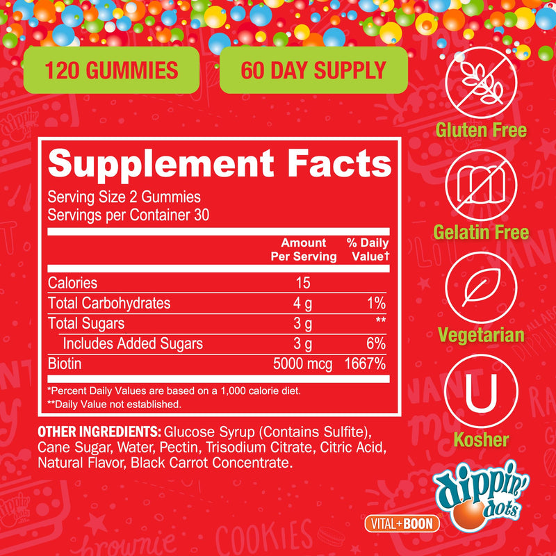 Dippin' Dots Hair Skin and Nails Vitamins, Biotin 5000mcg (60 Day, 2 Pack) | Raspberry biotin gummies support hair growth, hair vitamins for women & healthy nails; gluten free, Non-GMO, 2-pack. 60 Count (Pack of 2)
