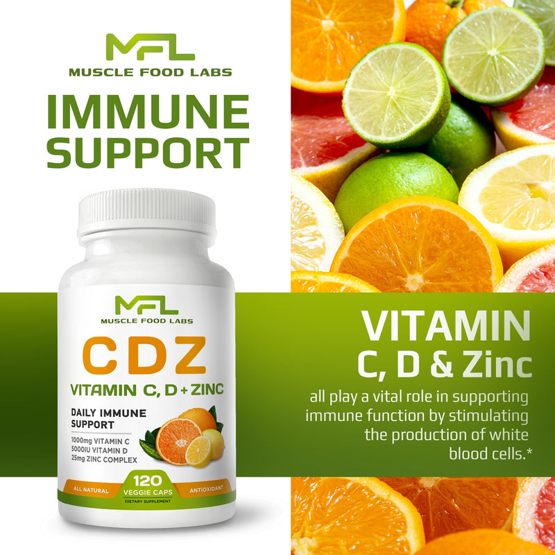 CDZ - Immune Support Complex | Vitamin C 1000mg, D3 125mcg, Zinc 25mg | High-Absorption Veggie Capsules | Non-GMO, Gluten-Free | 4-Month Supply (120 Capsules)