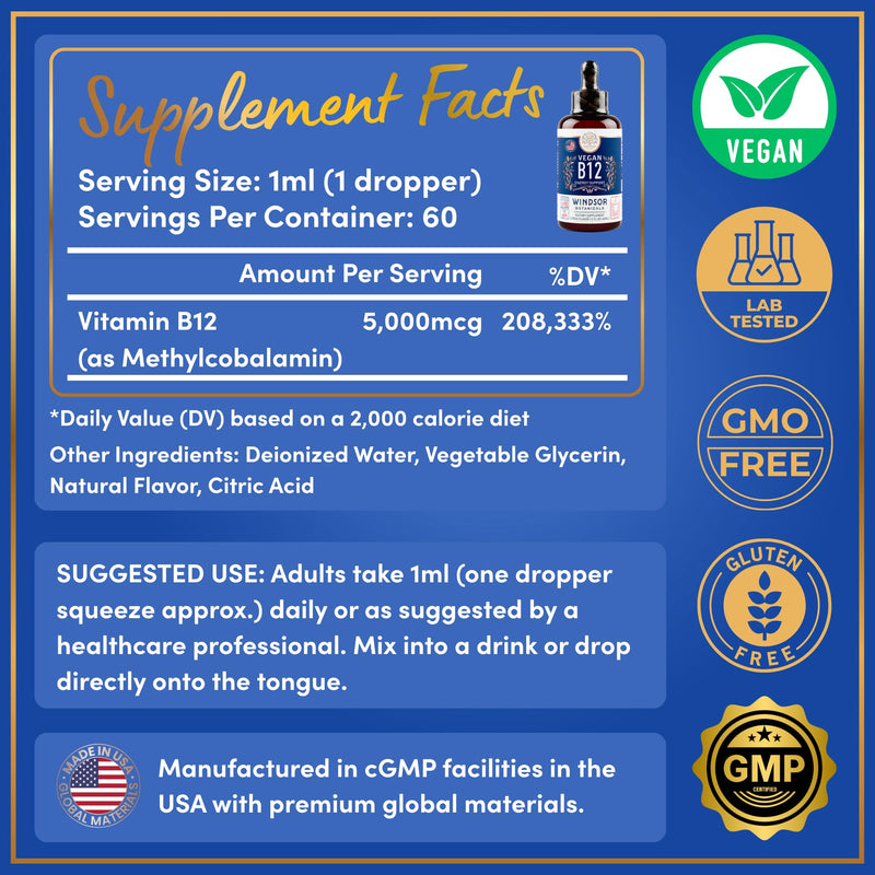 Vegan Vitamin B12 Liquid - Max Strength Methylcobalamin B12 Sublingual 5000 mcg - Fast Absorbing Supplement for Mood, Memory and Energy Support - Non-GMO, Gluten-Free, Citrus Flavor B 12 Drops, 2oz 2 Fl Oz (Pack of 1)