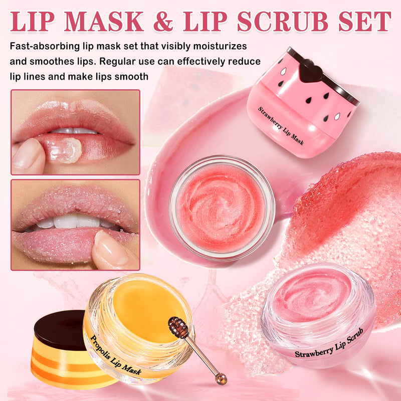 4PCS Lip Scrub and Mask Set,Strawberry and Honey Pot Lip Balm,Reduces Lip Lines Lip Exfoliator Scrub and Moisturizer,Repair Beebalm Lip Balm and Lip Scrub Set,Lip Mask Overnight
