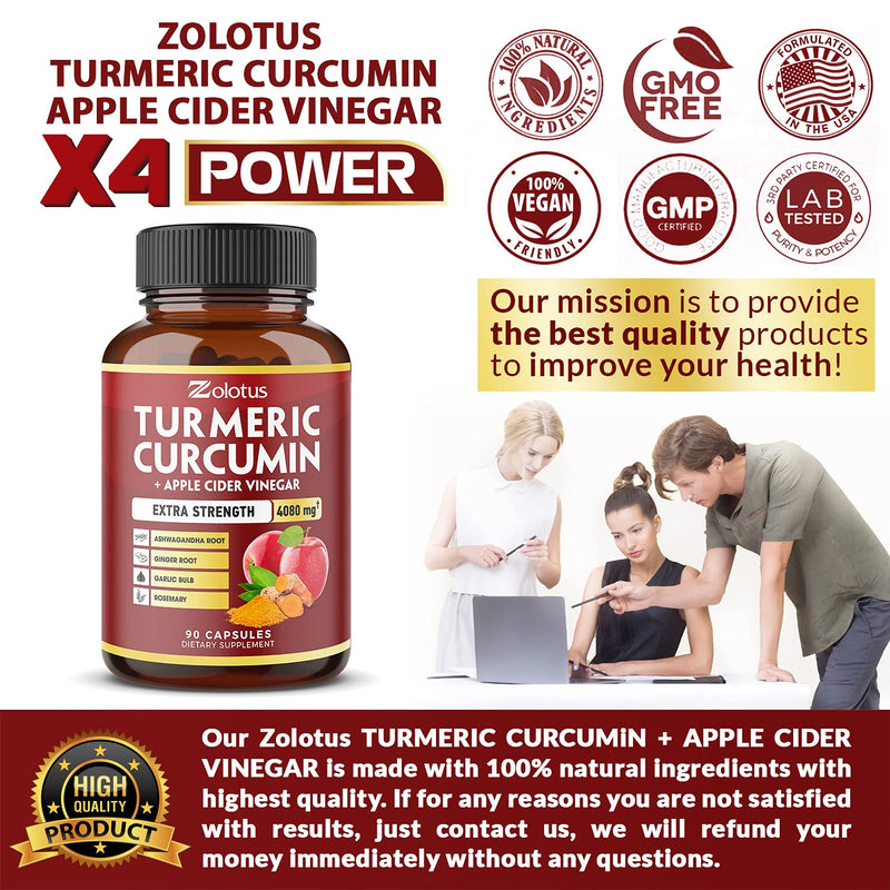 7 in 1 Turmeric Curcumin + Apple Cider Vinegar Capsules, Equivalent to 4080mg, 3 Month Supply with Ashwagandha, Ginger, Garlic Bulb, 95% Standardized Curcuminoids, Joint & Absorption Support - BeesActive Australia