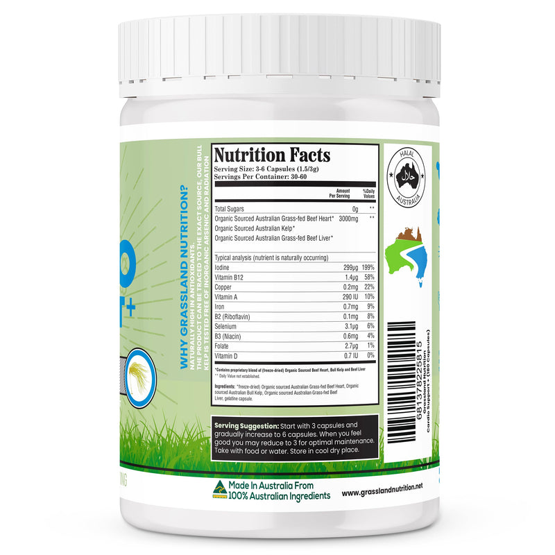GRASSLAND NUTRITION 100% Organic Australian: Cardio Support Beef Organ Blend - CoQ10, B12, Iodine (180 Capsules)