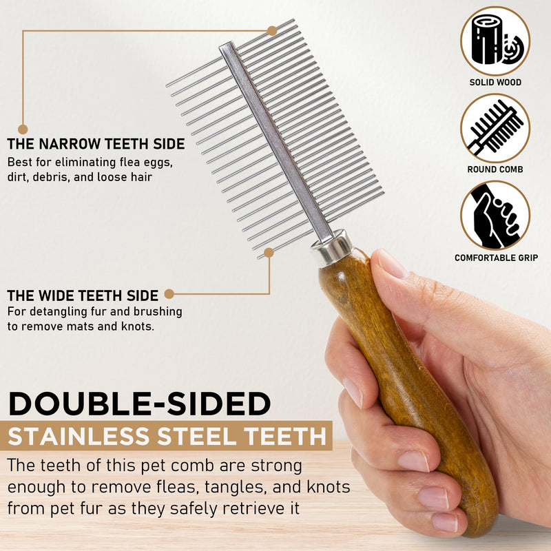 Takavu Metal Dog Comb for Removes Tangles and Knots, Cat Comb for Removing Matted Fur, Stainless Steel Smooth Round Teeth Grooming Tool with Wooden Handle for Grooming Pets Hair Double Side Comb