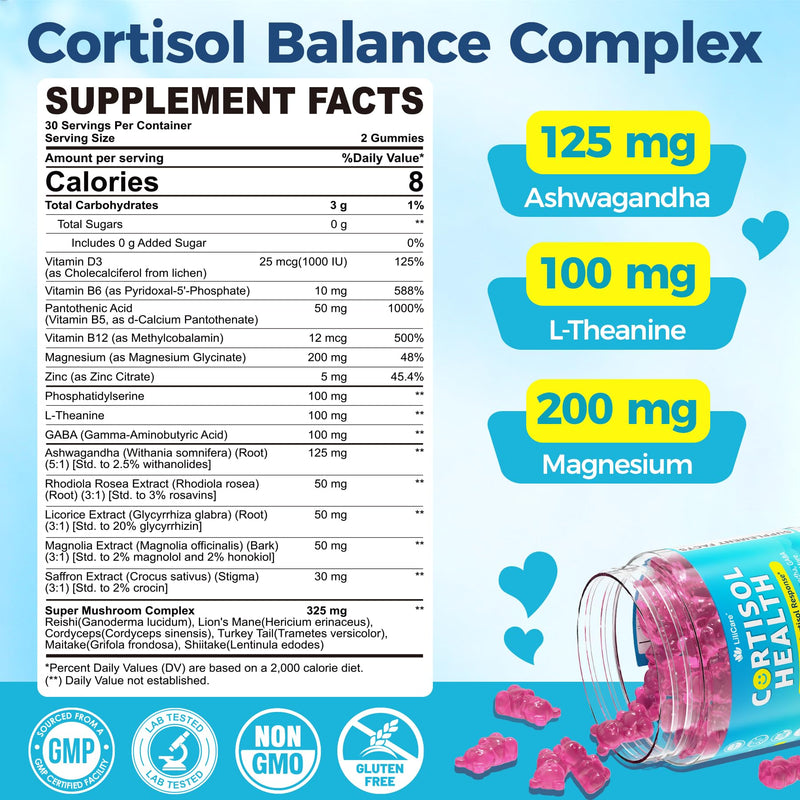 Cortisol Gummies for Women & Men, Sugar Free Cortisol Reducer Supplements w/ Magnesium, Ashwagandha, Mushroom, L-theanine, Rhodiola, Vitamin B6 B12 for Cortisol Detox, Relax, Sleep Support 2 Pack 60 Count (Pack of 2)