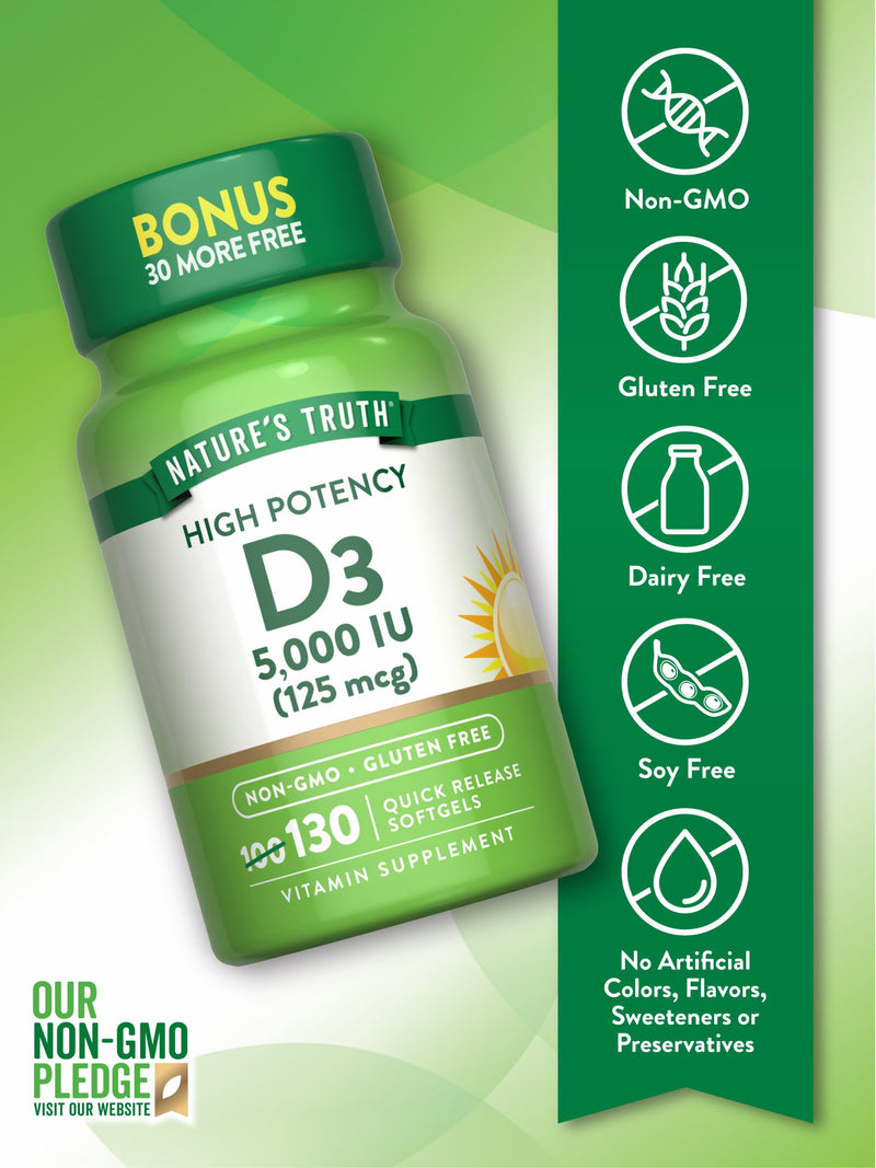 Nature's Truth Vitamin D3 5000 IU Softgels 130 Count | High Potency Vitamin D | Non-GMO, Gluten Free 130 Count (Pack of 1)
