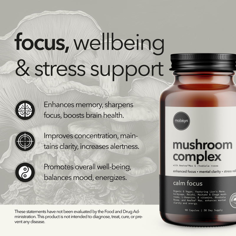 Lions Mane, Adaptogenic Mushrooms, Nootropics Brain Support Supplement, L-Theanine, Rhodiola Rosea, Guayusa Extract, B-Vitamins, Memory, Calming, Focus, Energy, Immunity, Gut Health, Organic, 30-Days 1