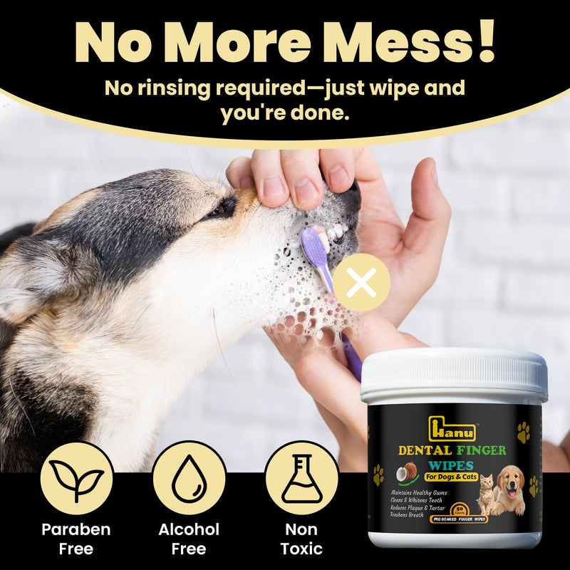 Hanu Dental Finger Wipes for Dogs & Cats - Teeth Cleaning Wipes Removes Bad Breath, Plaque & Tartar - Whitens Teeth Finger Toothbrush Gum Care Wipes - Freshens Breath - Vet-Recommended - PawsPlanet Australia
