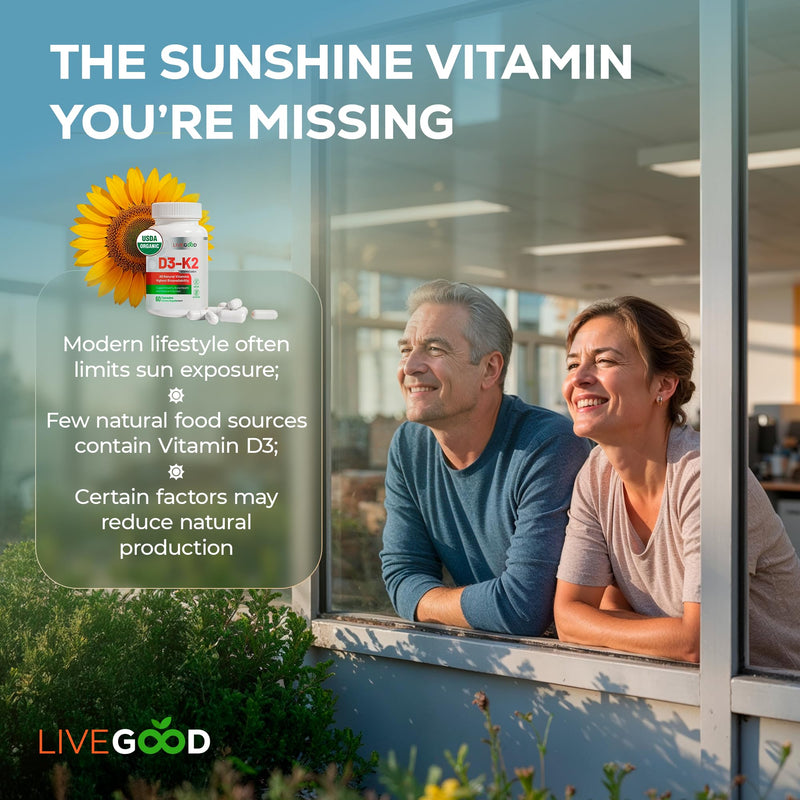 LiveGood Vitamin D3 K2 2000 IU, Organic Vegan D3 K2 Supplement with MK-7 | Organic, Vegan, MK-7, Immune & Bone Support, 60 Capsules, Non-GMO, Made in USA, No Fillers, Daily Wellness Formula