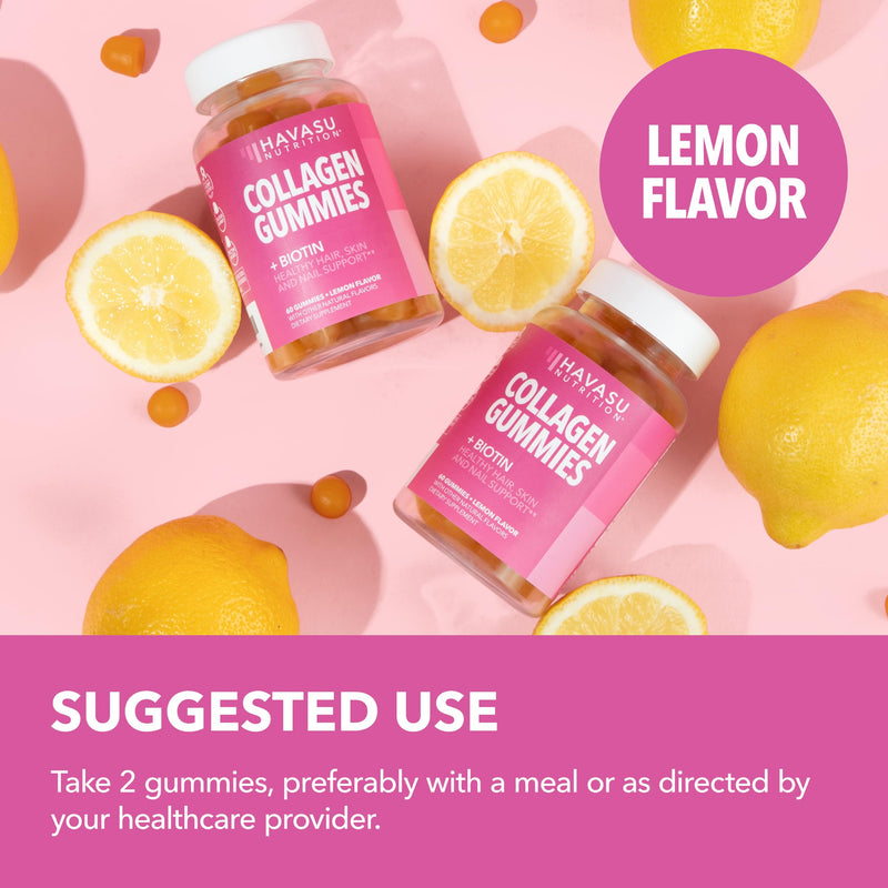 Collagen Gummies With 2500 mcg Biotin, Hair Skin & Nail Support, Lemon | For Women & Men with Biotin, Zinc, Vitamin C & E, Hydrolyzed Collagen, Lemon Flavor, 30 Servings, Hair, Skin & Nail Support 60 Count (Pack of 1)