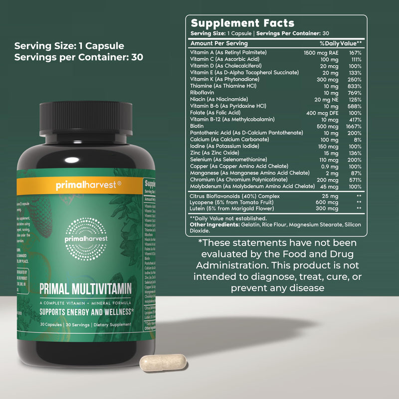 Primal Harvest Multivitamin - Daily Supplement, Gluten & Soy Free 30 Count (Pack of 2)