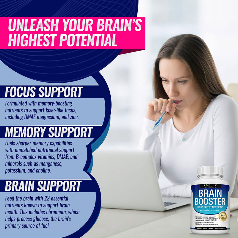 Toplux Brain Supplement Nootropic – Brain Pills Vitamin with DMAE, Bacopa Monnieri, L-Gutamine, for Men Women, 60 Capsules, Nutrition Two
