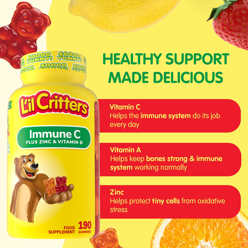 L'il Critters Kids Immune C Gummy Supplement with Vitamin C, Zinc and Vitamin D3 for Immune Support, 190 ct (95-190 day supply), 4 delicious flavors from America’s Number One Gummy Vitamin Brand