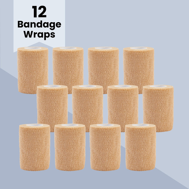 Juvale Self-Adherent Cohesive Wrap - Breathable Support Athletic Tape - Snug Fit for Tattoo Equipment - Swelling & Strain Aid Sports Tape - 3 in x 5 yd, Pack of 12, Tan 3" x 5 Yards - BeesActive Australia