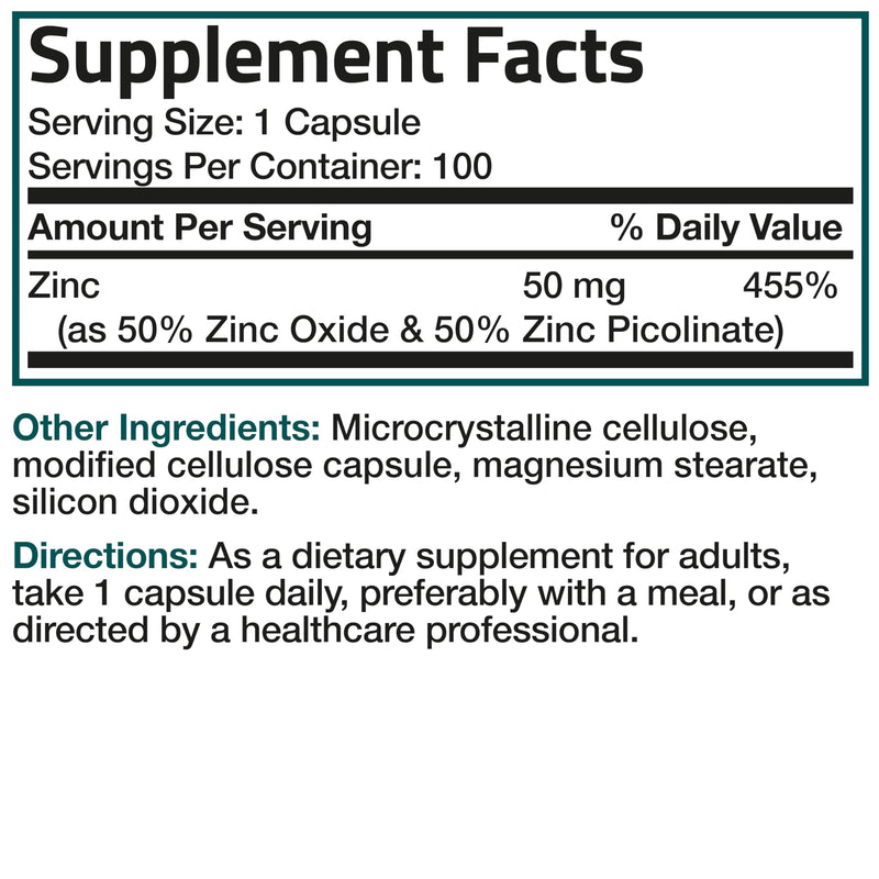 Bronson Zinc 50mg Complex (Zinc Oxide 50% & Zinc Picolinate 50%) High Potency Immune Support Supplement & Antioxidant and Skin Health - Non GMO, 100 Vegetarian Capsules 100 Count (Pack of 1) - BeesActive Australia