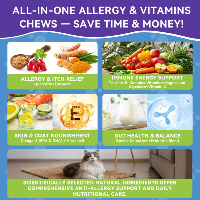 WEALLIN Cat Supplement Bundle, Taurine Multivitamin Chews & Allergy Relief Chews, 2 x 500 Crunchy Treats for Heart, Vision, Immunity, Digestion, Skin, Coat & Seasonal Support